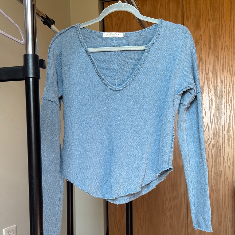 Free People Light Blue V-Neck Blouse